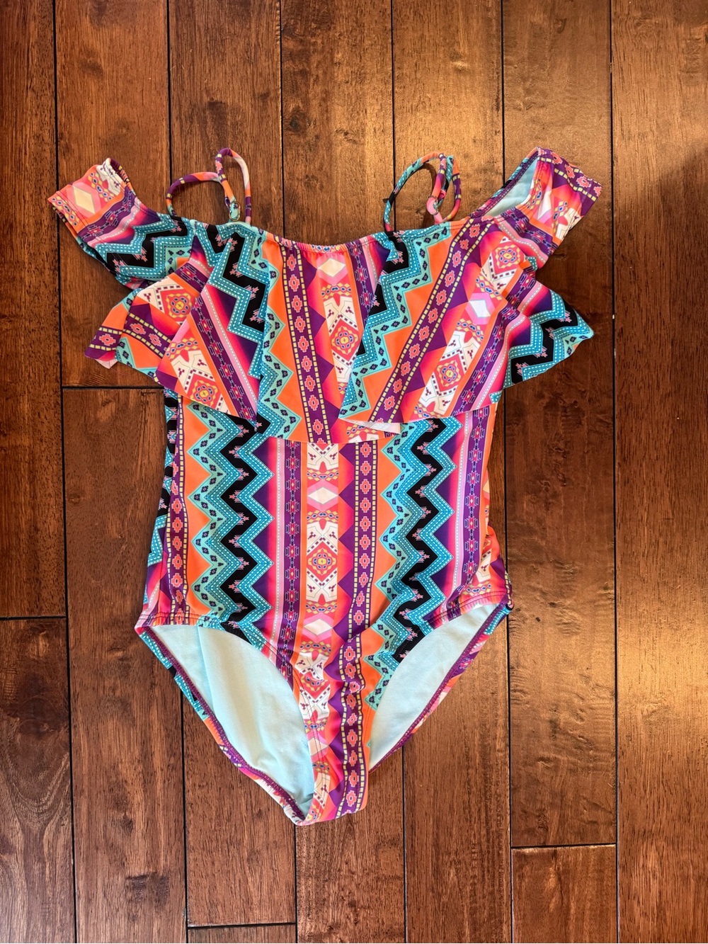 Girls Off-the-Shoulder One-Piece Swimsuit - Pink, Turquoise & Purple